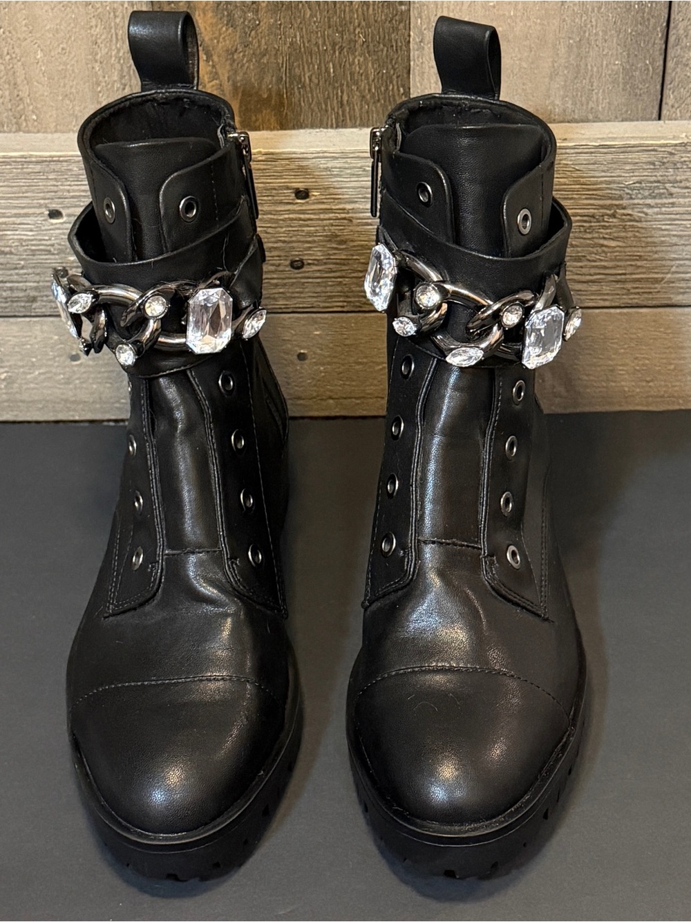 Karl Lagerfeld Paris Patina 7.5 Black Crystal Chain Combat Boots Moto Goth Punk